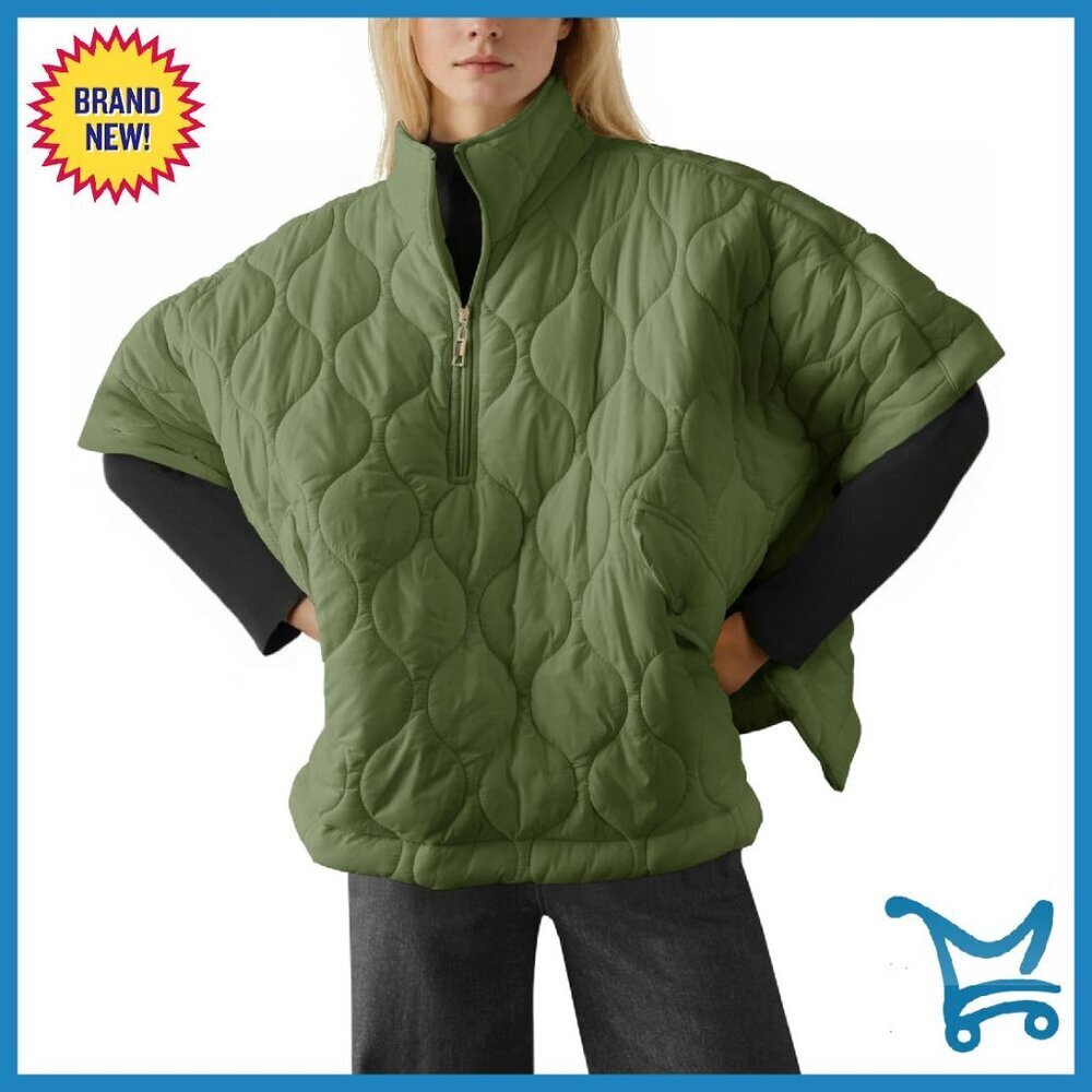 Quilted Puffer Poncho Jacket Half Zipper Lightweight Oversized Fit
